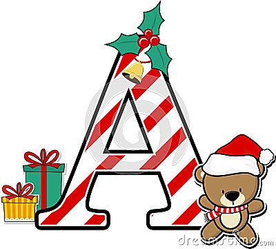 Capital letter a with cute teddy bear and christmas design elements Vector Illustration