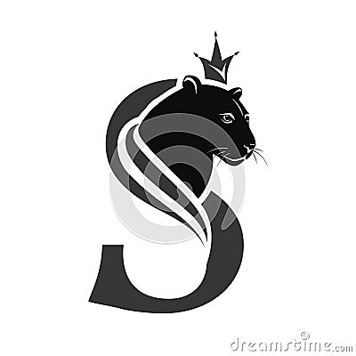 Capital Letter S with Black Panther. Royal Logo. Cougar Head Profile. Stylish Template. Tattoo. Creative Art Design. Emblem for B Vector Illustration