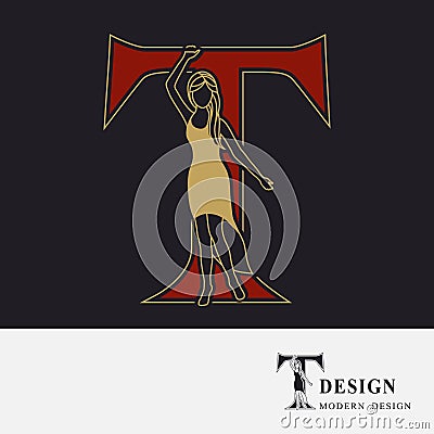 Capital letter T with Pretty Girl. Drawn Monogram for Logo Design, Invitations, Book, Restaurant, Services, Salons, Advertising, Vector Illustration