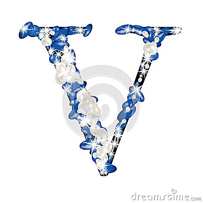 Capital letter V of the alphabet is decorated with jewelry and pearls. Precious blue and white pearls Stock Photo