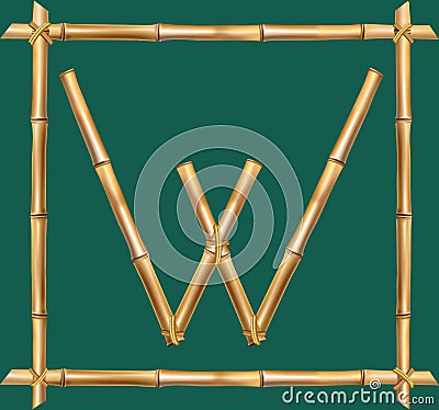 Capital letter W made of realistic brown dry bamboo poles inside of wooden stick frame Vector Illustration