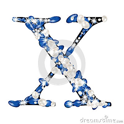 Capital letter X of the alphabet is decorated with jewelry and pearls. Precious blue and white pearls Stock Photo