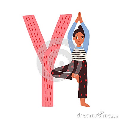 Capital letter Y of childish English alphabet with child practicing yoga. Funny kids font for children learning. Hand Vector Illustration