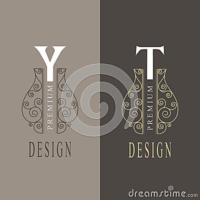 Capital letter Y, T. Beautiful monogram. Elegant logo. Calligraphic design. Luxury emblem. Vintage ornament. Simple graphics style Vector Illustration