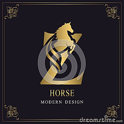 Capital Letter Z with a Horse. Royal Logo. King Stallion in Jump. Racehorse Head Profile. Gold Monogram on Black Background with Vector Illustration