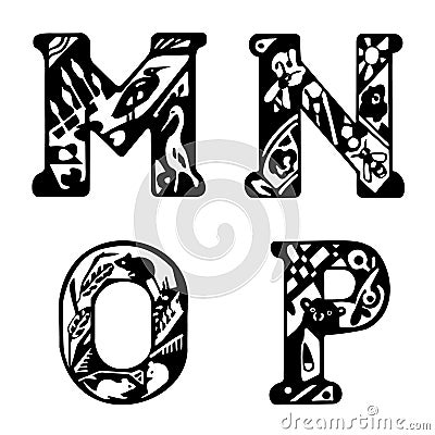 Capital letters with animals. Letters: M, N, O, P. Crane, heron, bear, bees, mice, patterns. Black and white vector illustration. Vector Illustration