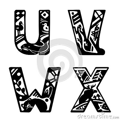 Capital letters with animals. The letters U, V, W, X. Catfish, duck, heron, lizard, grasshopper, bear, elk, hedgehog, patterns. Vector Illustration