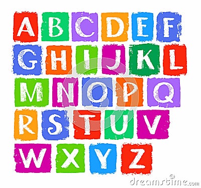 Capital letters of the English alphabet, white chalk, colored chalks. Vector Illustration