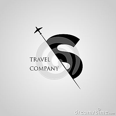 Capital S letter is inserted in the paper slot with the plane slice letter S for travel logo Vector Illustration