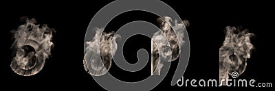 Capital uppercase and lowercase letters O and P made of heavy smoke or fog isolated on black, artistic scary font - 3D Cartoon Illustration