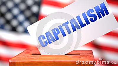 Capitalism and American elections, symbolized as ballot box with American flag and a phrase Capitalism on a ballot to show that Cartoon Illustration