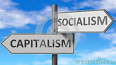 Capitalism and socialism as a choice, pictured as words Capitalism, socialism on road signs to show that when a person makes Cartoon Illustration