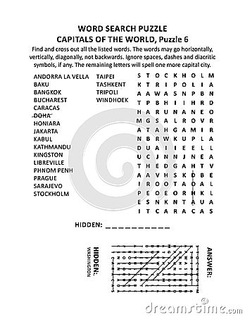 Capitals of the world word search puzzle, puzzle 6 of 10 Vector Illustration