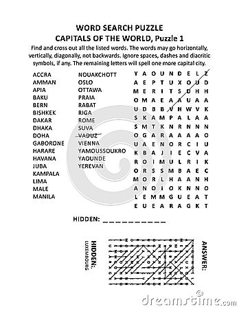 Capitals of the world word search puzzle, puzzle 1 of 10 Vector Illustration