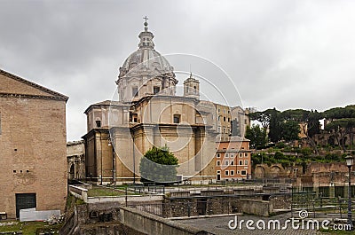 Capitoline Hill and the Church of Saints Luke and Martina and the home of the Senate of Curia Julia. Roman Forum, Rome, Italy. May Editorial Stock Photo