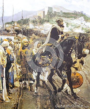 Capitulation of Granada. Scene of Granada War 1482- 1491, Catholic Monarchs against the Nasrid dynasty Emirate of Granada Editorial Stock Photo