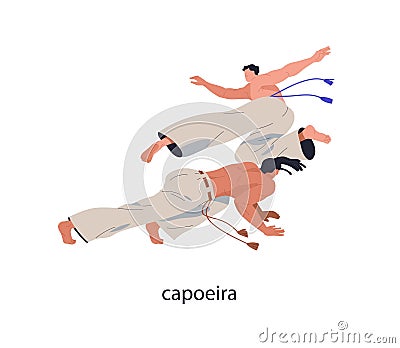 Capoeira, dance fighting. African-Brazilian martial art. Fighters game to music. Two athletes battle, combat in motion, action, Vector Illustration