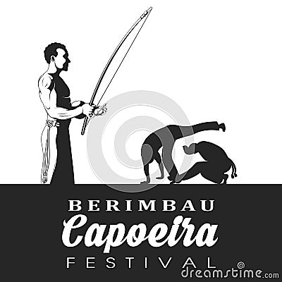 Capoeira dancer playing a instrument berimbau. Two capoeira dance fighter silhouette. Vector Illustration