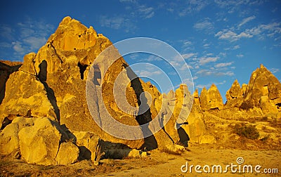 Cappadocia Stone formations in the light of sunset Stock Photo