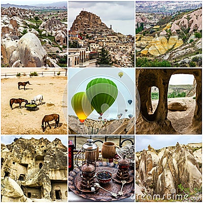 Cappadocia, Turkey. Collage travel - cave mountain landscapes Stock Photo