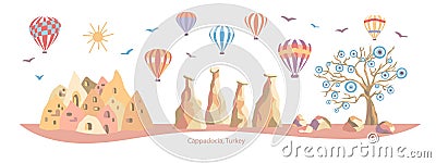 Cappadocia, Turkey. Colorful vector illustration of a famous Turkish travel destination. Vector Illustration