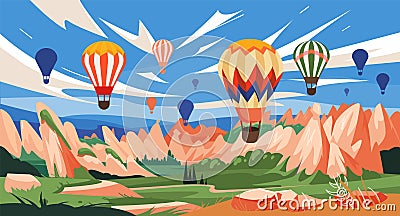 Cappadocia, Turkey. Colorful vector illustration of view of Cappadocia landscape. Turkish travel destination. Vector Illustration