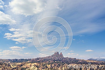 Cappadocia, Uchisar town and blue sky. Anatolia, Turkey Stock Photo