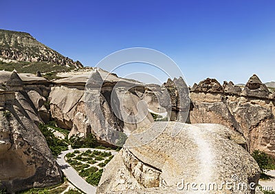 The Cappadocian landscape, pink rocks, Stock Photo
