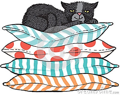 Cector sketch of a black cat sitting on a pile of cushions Stock Photo