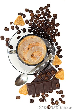 Cappuccino, brown sugar and coffee beans Stock Photo