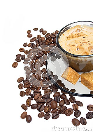 Cappuccino, brown sugar and coffee beans Stock Photo