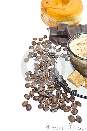 Cappuccino, brown sugar and coffee beans on white Stock Photo