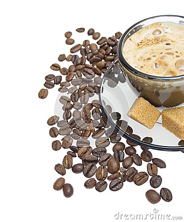 Cappuccino, brown sugar and coffee beans on white Stock Photo