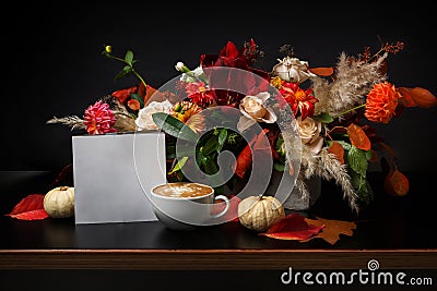 Cappuccino coffee and flowers composition on black background Stock Photo