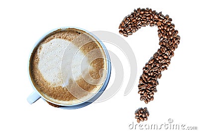 Cappuccino cup of coffee and question mark made of roasted espresso coffee beans Stock Photo