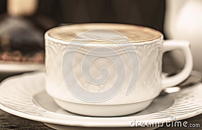 Cappuccino in a cup, hot latte, delicious coffee. Coffe time. Coffee drink. offee or coffe cup at cafe in the morning Stock Photo