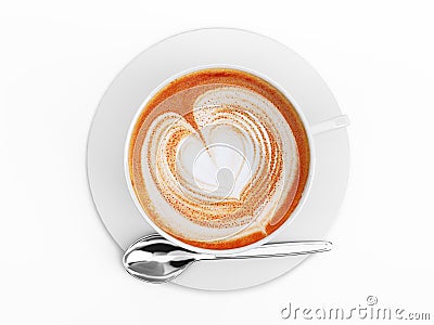 Cappuccino mug close-up, with a heart decorated on top of foam. Stock Photo