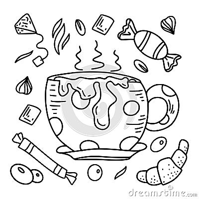 Cappuccino set in hand drawn style, tea, coffee, macchiato in different shapes Vector Illustration