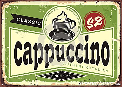 Cappuccino vintage cafe sign on old metal background Vector Illustration