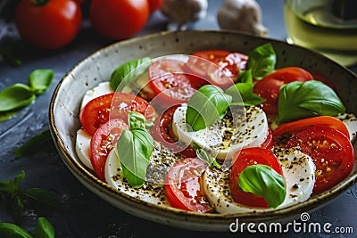 Caprese salad with sliced tomatoes, mozzarella, basil, olive oil. Organic and healthy. Generative AI Cartoon Illustration