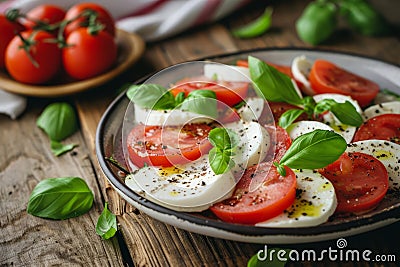 Caprese salad with sliced tomatoes, mozzarella, basil, olive oil. Organic and healthy. Generative AI Cartoon Illustration