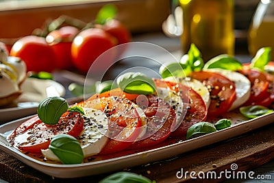 Caprese salad with sliced tomatoes, mozzarella, basil, olive oil. Organic and healthy. Generative AI Cartoon Illustration