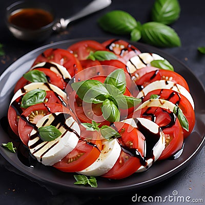 Caprice salad. Tomatoes and mozzarella cheese with pesto sauce, spinach leaves on a black plate on the table Stock Photo