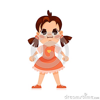 Capricious Funny Little Girl in Red Dress Expressing Emotion Vector Illustration Vector Illustration