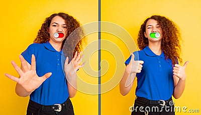 Mood switch on female face. Happy and angry, splitting personality. Modern interface and human emotions Stock Photo