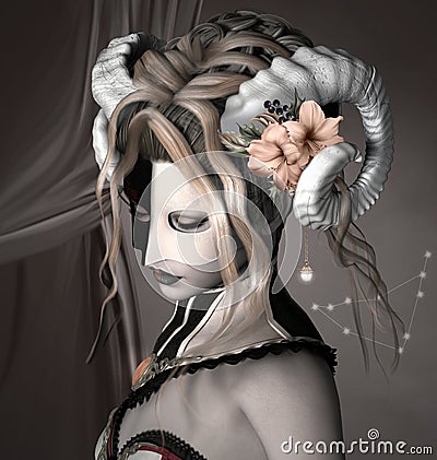 Capricorn as a beautiful woman with bicoloured mask and horns Cartoon Illustration