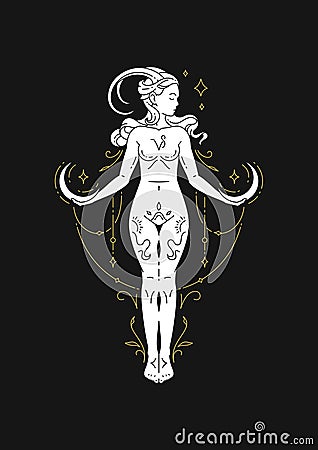 Capricorn woman antique goddess zodiac astrology line art deco celestial silhouette vector Vector Illustration