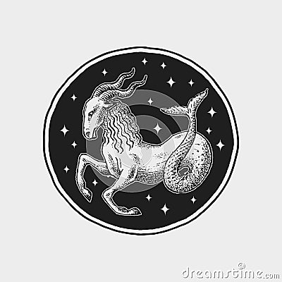 Capricorn Zodiac icon. Astrology horoscope with sign. Calendar template. Collection outline animals. Classic vintage Vector Illustration