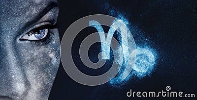 Capricorn Zodiac Sign. Astrology women night sky background Stock Photo