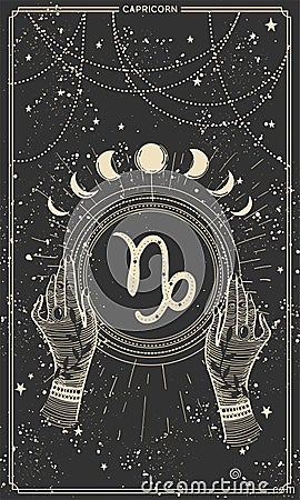 Capricorn zodiac sign, earth element, vintage astrology card for stories, horoscope. Vector hand drawn illustration on a Vector Illustration